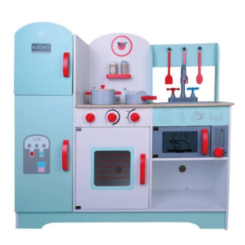 מטבח מעץ מהמם לילדים, דגם קלאסי בצבעי לבן, אדום וטורקיז, כולל כלי מטבח. - ToySale חנות הצעצועים הזולה במדינה