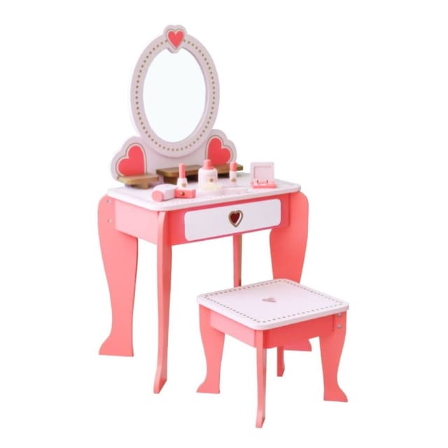 שידת איפור מעץ מדהימה לילדים דגם רון ורודה כולל שרפרף ומראה, מגירת אחסון ואביזרי איפור מעץ לילדים - ToySale חנות הצעצועים הזולה במדינה