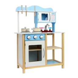מטבח מעץ לילדים, דגם איתמר תכלת כולל כיריים, תנור, מיקרוגל, כיור,וכלי מטבח . - ToySale חנות הצעצועים הזולה במדינה