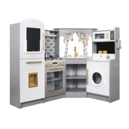 מטבח אלקטרוני מפואר מעץ לילדים, דגם אסף בצבע אפור כולל מקרר בר מים, מכונת כביסה, כיריים חשמליים, תנור, מיקרוגל, כיור עם ברז - ToySale חנות הצעצועים הזולה במדינה