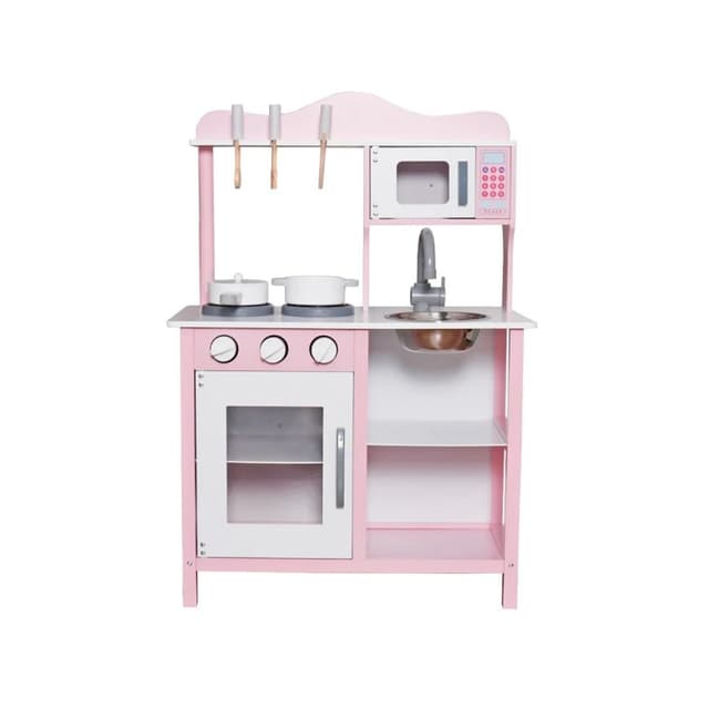 מטבח מעץ לילדים, דגם איתמר ורוד כולל כיריים, תנור, מיקרוגל, כיור,וכלי מטבח - ToySale חנות הצעצועים הזולה במדינה