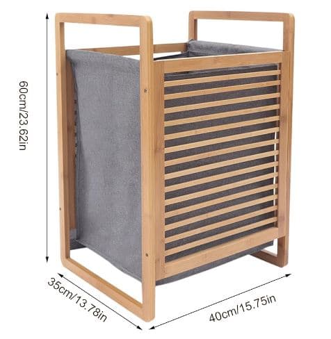 מעמד כביסה מעץ במבוק ובד איכותי וחזק גובה 60 ס"מ רוחב 40 ס"מ, סל כביסה בצבע אפור