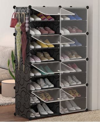 ארונית אחסון עשויה פלסטיק רך מכילה 8 קוביות 16 מדפים, צבע שחור.