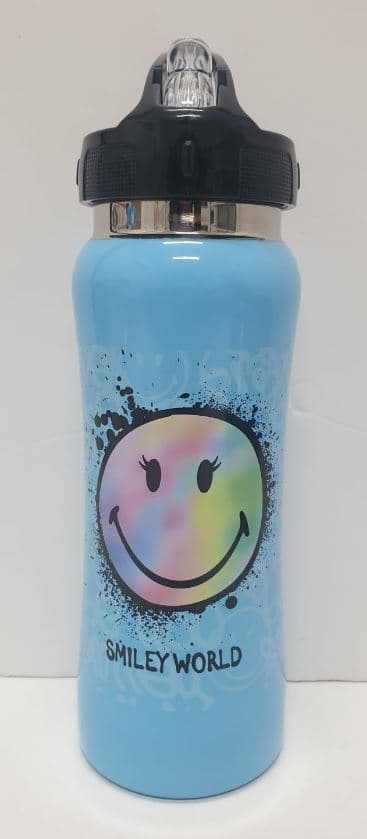 בקבוק שתיה נירוסטה + פיה מתקפלת 600 מל - סמיילי כחול