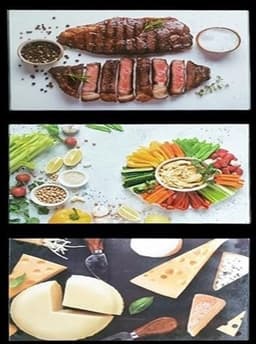 לוח חיתוך זכוכית שטוח עם עיצוב גבינות, ירקות, ובשר באתר אטרקציה מהיבואן לצרכן