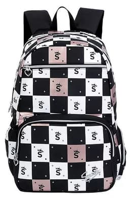 תיק גב מעוצב משבצות לבן שחור ורודאטרקציה מהיבואן לצרכן