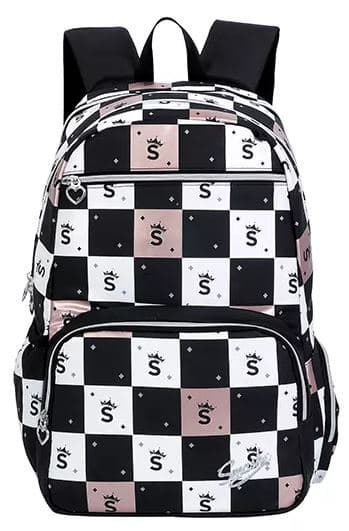 תיק גב מעוצב משבצות לבן שחור ורודאטרקציה מהיבואן לצרכן