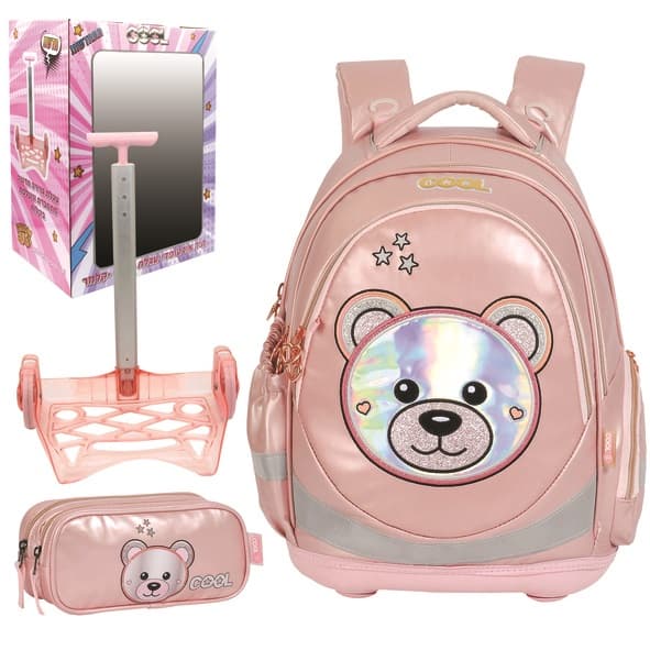 סט תיק עגלה טרולי וקלמר דגם דובי ורוד קונים רק באטרקציה