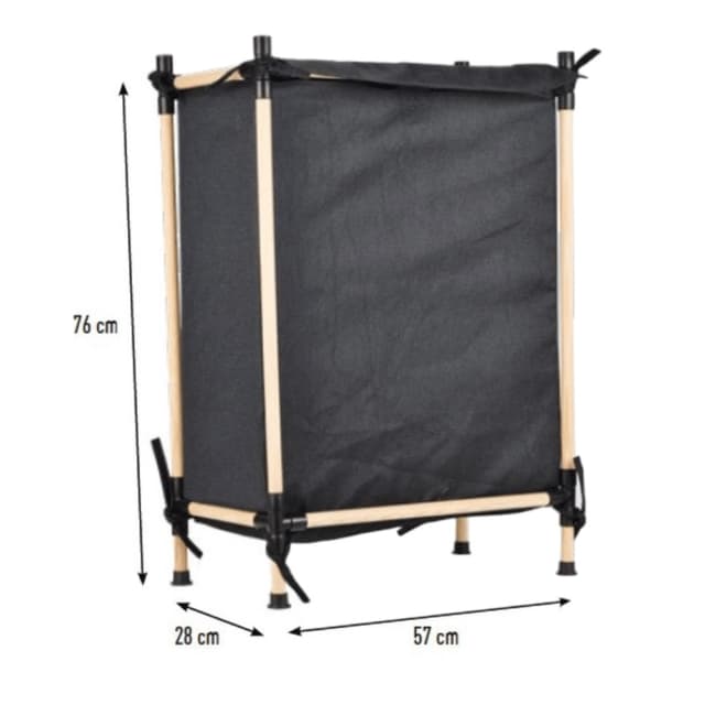 סל כביסה בד שחור מעוצב עם מסגרת עץ גובה כ-76 ס"מ באטרקציה