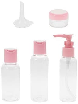 סט בקבוקי נסיעות עבור מוצרי טואלטיקה בתוך תיק צבע ורוד באטרקציה