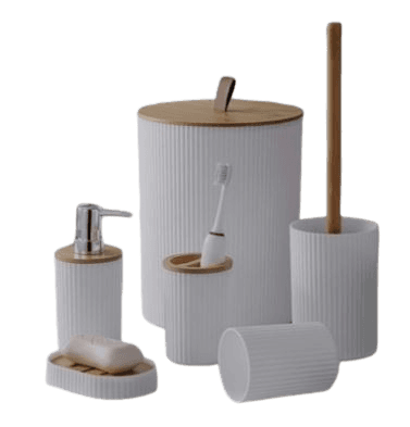 סט אמבטיה 6 חלקים לבן בשילוב עץ רק באטרקציה