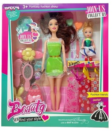 בובת אופנה עם 3 שמלות ואביזרים רק באטרקציה