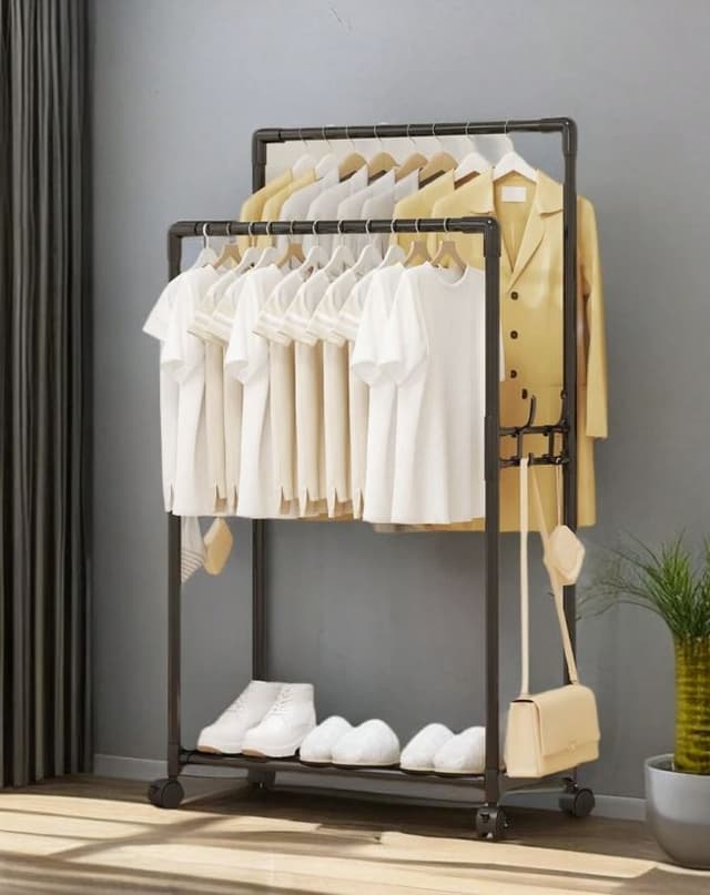 מתלה לתליית בגדים כפול, מדף לנעליים וווי תלייה שחור/לבן