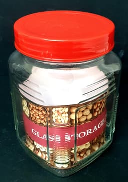 צנצנת זכוכית מרובעת עם מכסה פלסטיק עגול ואדום כ-3 ליטר