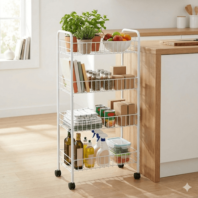 עגלת אחסון מלבנית 4 קומות+ גלגלים- לבן קונים רק באטרקציה מהיבואן לצרכן