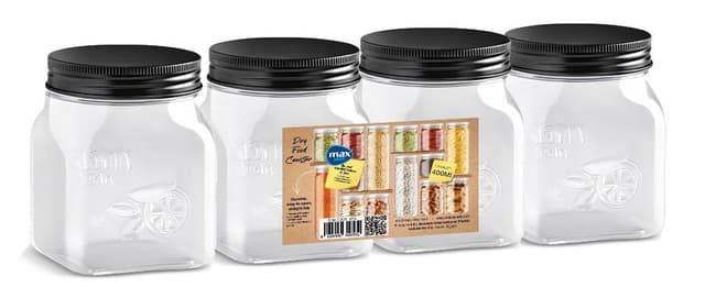 חבילה 4 צנצנות פלסטיק 400 מ"ל כל צנצנת , מכסים בצבעים שחור/אפור/ברונזה קונים רק באטרקציה מהיבואן לצרכן