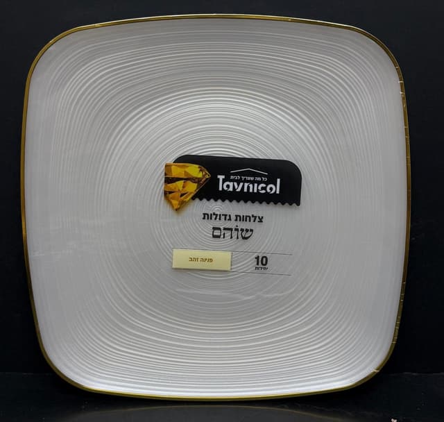 חבילה 10 צלחות חד פעמי יוקרתי - מנה עיקרית פנינה עם פס זהב קונים רק באטרקציה מהיבואן לצרכן