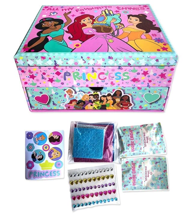 תיבת תכשיטים נסיכות עם דפי מדבקות, אבנים לקישוט ושתי הפתעות קונים רק באטרקציה מהיבואן לצרכן