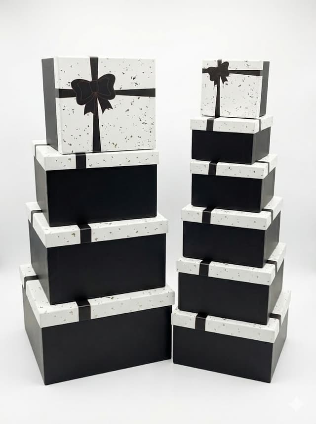 סט של 10 קופסאות מתנה מעוצבות, בגדלים שונים, פפיון שחור אדום קונים רק באטרקציה מהיבואן לצרכן