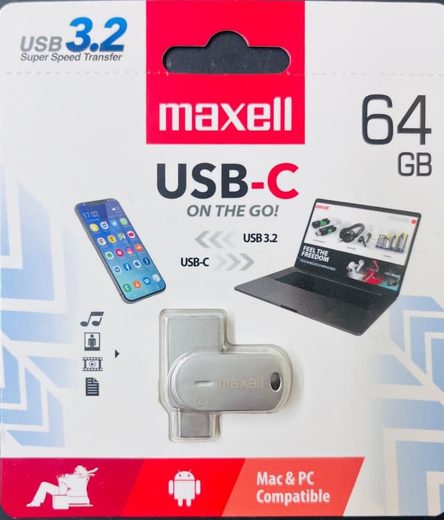 זיכרון נייד MAXELL 64GB יציאת USB A ו-Type-C קונים רק באטרקציה מהיבואן לצרכן