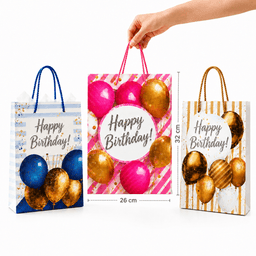שקית נייר מתנה Happy Birthday בעיצוב בלונים 32×26 ס״מ קונים רק באטרקציה מהיבואן לצרכן