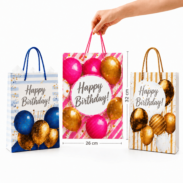 שקית נייר מתנה Happy Birthday בעיצוב בלונים 32×26 ס״מ קונים רק באטרקציה מהיבואן לצרכן