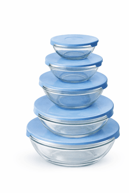 סט 5 קערות זכוכית עם מכסים כחולים – אחסון מושלם וטרי קונים רק באטרקציה מהיבואן לצרכן