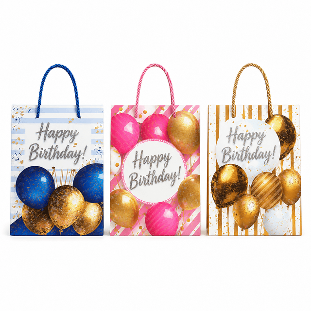 שקית נייר מתנה Happy Birthday בעיצוב בלונים 18×23 ס״מ קונים רק באטרקציה מהיבואן לצרכן