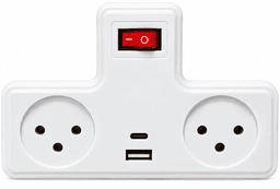 מפצל חשמל T עם מפסק 2 שקעים וחיבור TYPE C+USB