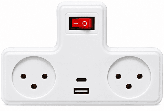 מפצל חשמל T עם מפסק 2 שקעים וחיבור TYPE C+USB