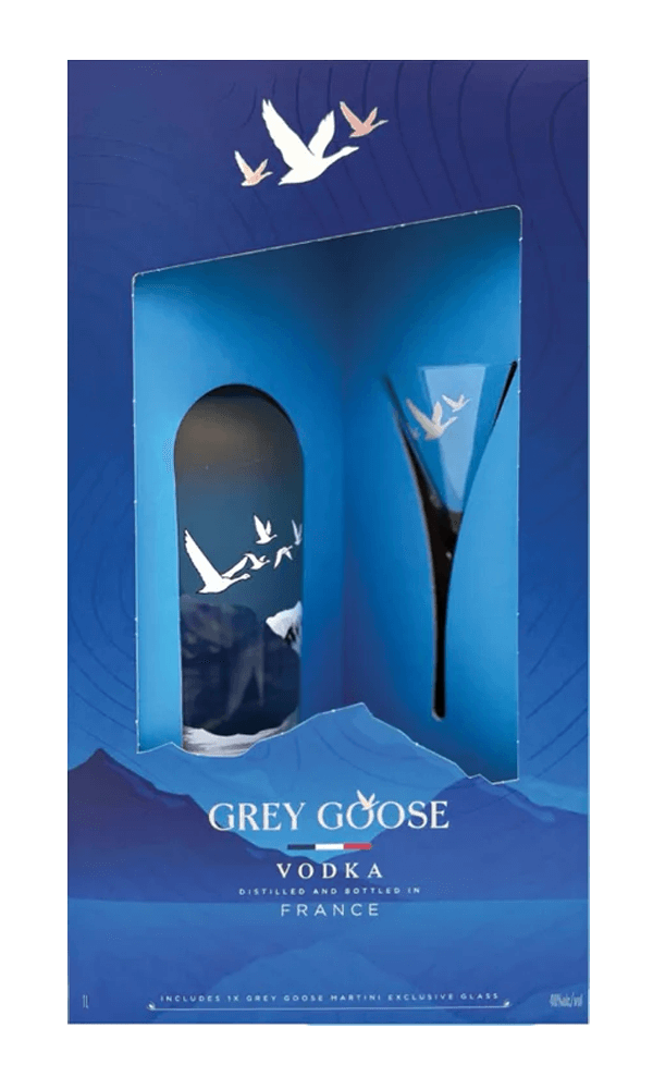 מארז וודקה גריי גוס 1 ליטר וכוס מרטיני