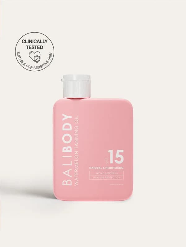 באלי בודי שמן שיזוף בניחוח אבטיח עם מקדם הגנה 15 בגודל 100מ”ל BALI BODY WATERMELON TANNING OIL SPF 15 100ML