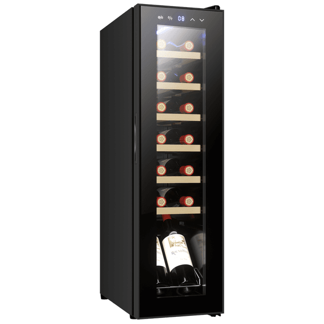 מקרר יין צר במיוחד ל14 בקבוקים עם מדחס ומדפי עץ