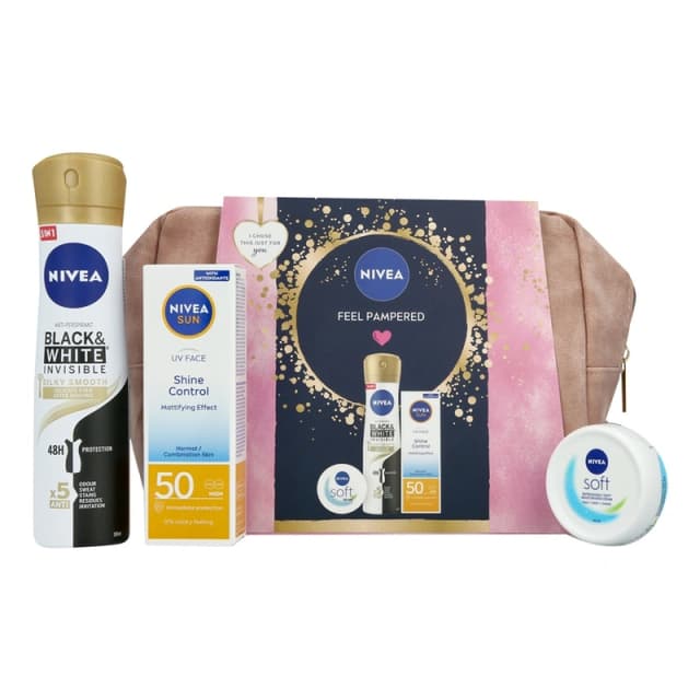 ניואה מארז טואלטיקה לאישה בלאק אנד וויט 2025(קרם סופט +50קרם הגנה +דאו ספריי+תיק) / Nivea W Set Black & White
