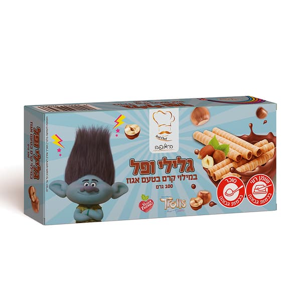 טרולים גליליות וופל בטעם אגוזי לוז 100ג