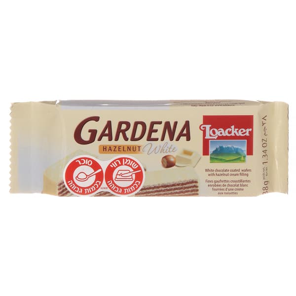 וופל גרדנה במילוי קרם אגוזי לוז ובציפוי שוקולד לבן