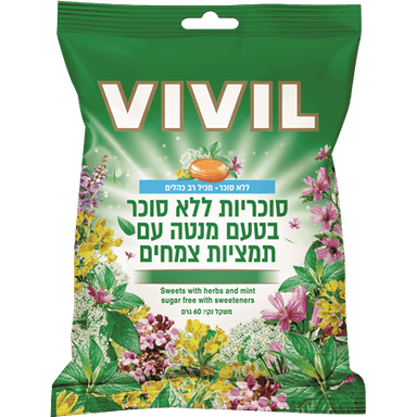 ויויל | סוכריות | טעם מנטה | עם תמציות צמחים | מכיל 60 גרם | ללא סוכר | מכיל רב כהלים