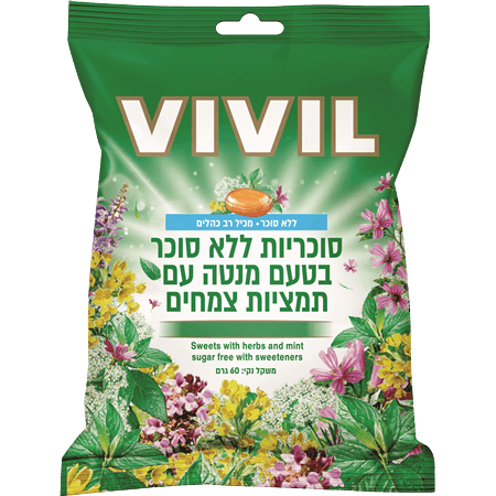 ויויל | סוכריות | טעם מנטה | עם תמציות צמחים | מכיל 60 גרם | ללא סוכר | מכיל רב כהלים