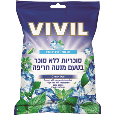 ויויל | סוכריות | בטעם מנטה חריפה | מכיל 60 גרם | ללא סוכר | מכיל רב כהלים