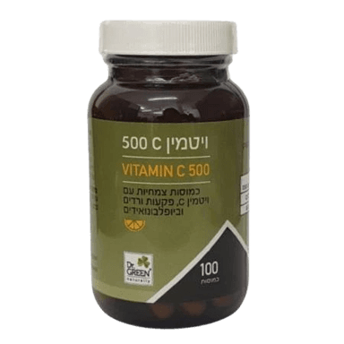 ויטמין C | במינון 500 | מכיל 100 כמוסות | פקעות ורדים וביופלבונואידים | תוסף תזונה | כשר פרווה | דר גרין | Dr Green