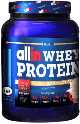 אבקת חלבון וואן וואי OneWhey | בטעם עוגיות | מכיל 759 גרם | אול-אין | ALLIN