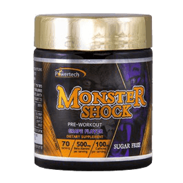 מונסטר שוק | פרי וורקאאוט | אבקה להכנה משקה חומצות אמינו | בתוספת קפאין וויטמין B3 | בטעם ענבים | ללא סוכר | MONSTER SHOCK | מספר מנות הגשה 70 | מכיל 210 גרם פאוורטק | Powertech