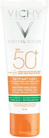קרם הגנה לפנים למראה מאט 3 ב1 | SPF50 | מכיל 50 מל | מכיל חימר ירוק ותמצית ביפידוס | וישי | Vichy
