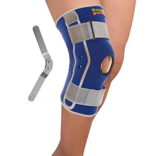 מגן ברך לסיוע במניעת פציעת העשוי ניאופרן לשמירה מקומית של חום גוף וצירי מתכת לתמיכה בתנועת הכיפוף בברך | מידה L אוריאל | URIEL