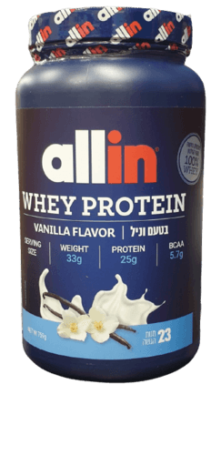 אבקת חלבון ALL IN | בטעם וניל | מכיל 759 גרם | אול-אין | ALLIN