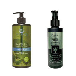 מארז שמפו שמן קיק וביוטין | לחיזוק שיב השערה ושיפור המראה שלה | מכיל 450 מל | פלוס | סרום -שמן המפ שמן קיק וחומצה היאלורונית | ללא מלח | לשיער צבוע פגום ואחרי החלקה | מכיל 100 מל |