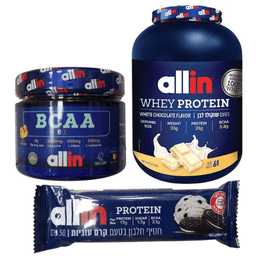 מארז אולאין | אבקת חלבון 2013 קג בטעם שוקולד לבן | אבקת BCAA יחס חומצות אמינו 611 250 גרם | חטיף חלבון במכיל 50 גרם בטעם קרם עוגיות | אול-אין | ALLIN