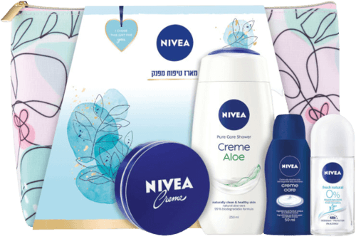 מארז טיפוח לאישה | תיק רחצה תחליב רחצה דאודורנט רול און ללא אלומיניום קרם רב שימושי קרם רחצה | ניוואה | NIVEA