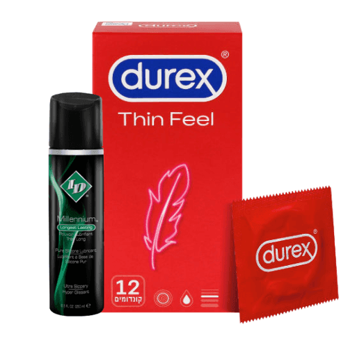 מארז | מילניום ג'ל סיכוך על בסיס סיליקון 65 מ"ל | מארז קונדומים דק | 12 יחידות | Thin Feel דורקס | Durex