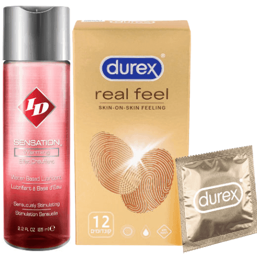 מארז | ID Sensation | חומר סיכוך מתחמם | מכיל 130 מל | קונדומים דורקס | 12 יחידות | RealFeel דורקס | Durex